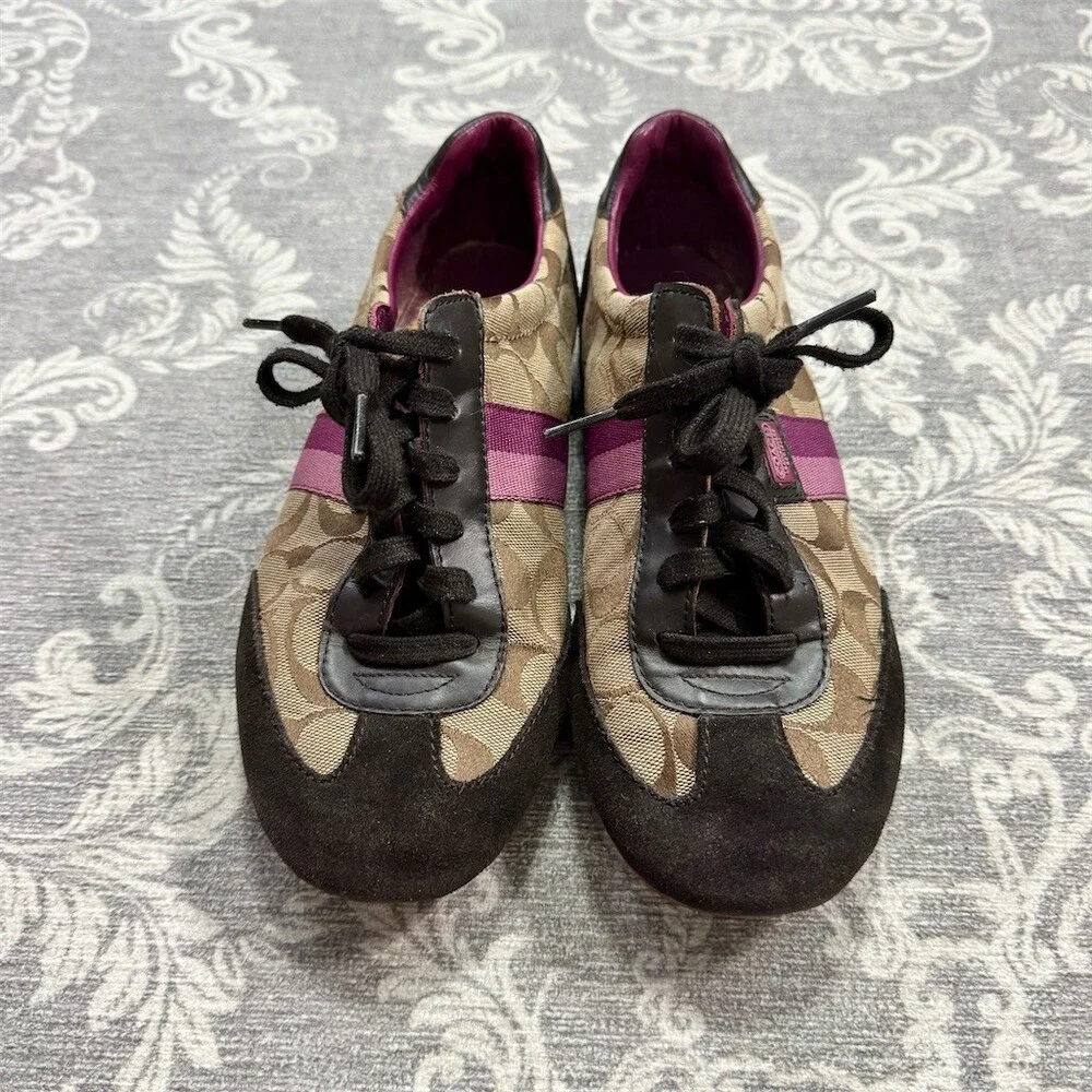 Coach Sneakers Womens Brown Tan Signature C Monogram Purple Stripe